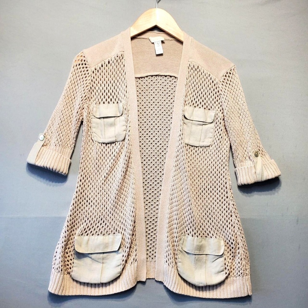 Chicos Linen Blend Crochet Cardigan Sweater Womens M Beige Costal Grandma Boho